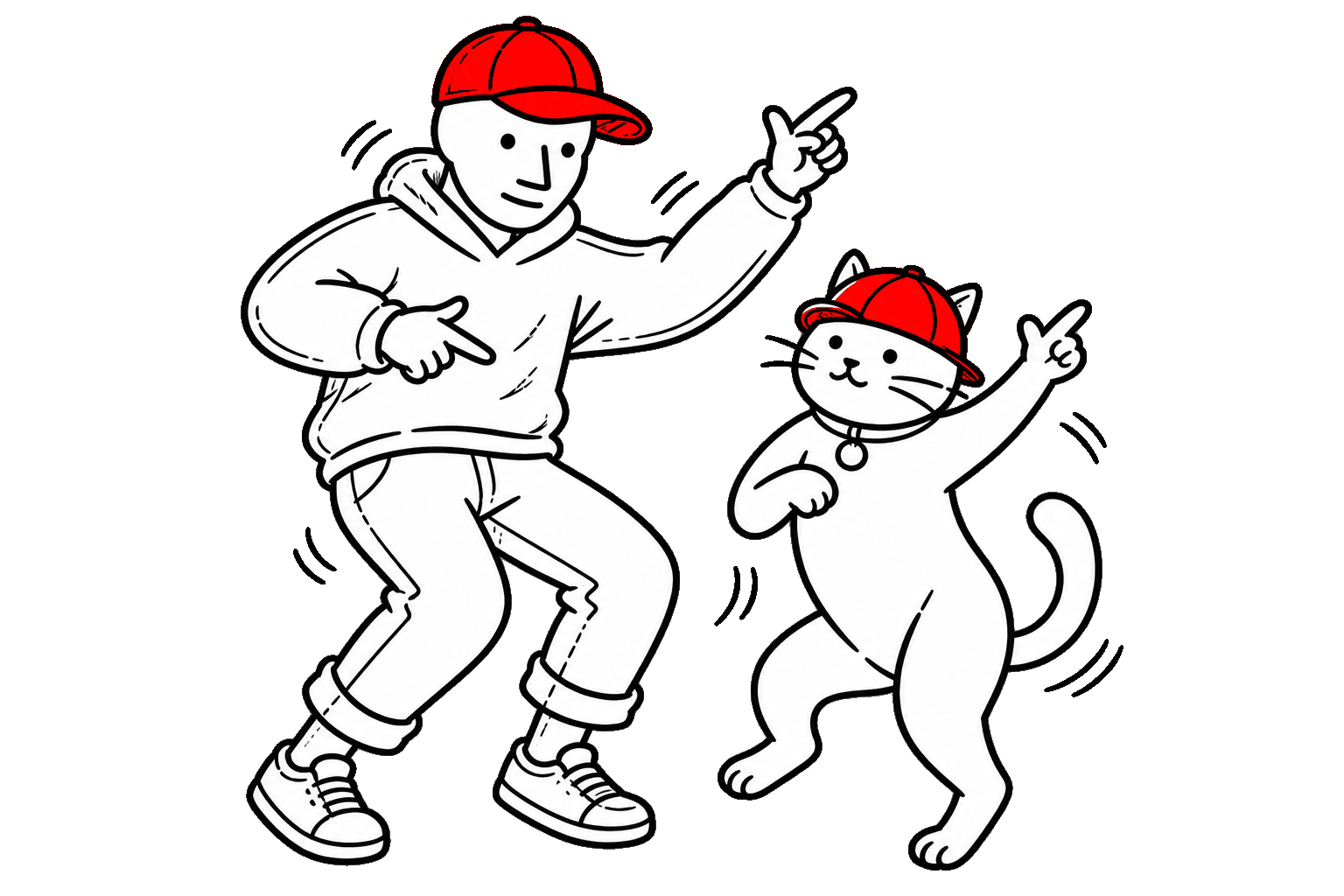 An original black-and-white bald character in a red cap dancing with a cat in a red cap